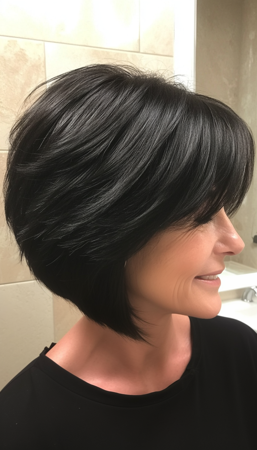 17. Natural Black Layered Shag with Bangs (Short Shag Haircuts With Bangs For Older Women) - Short Shag Haircuts With Bangs For Older Women