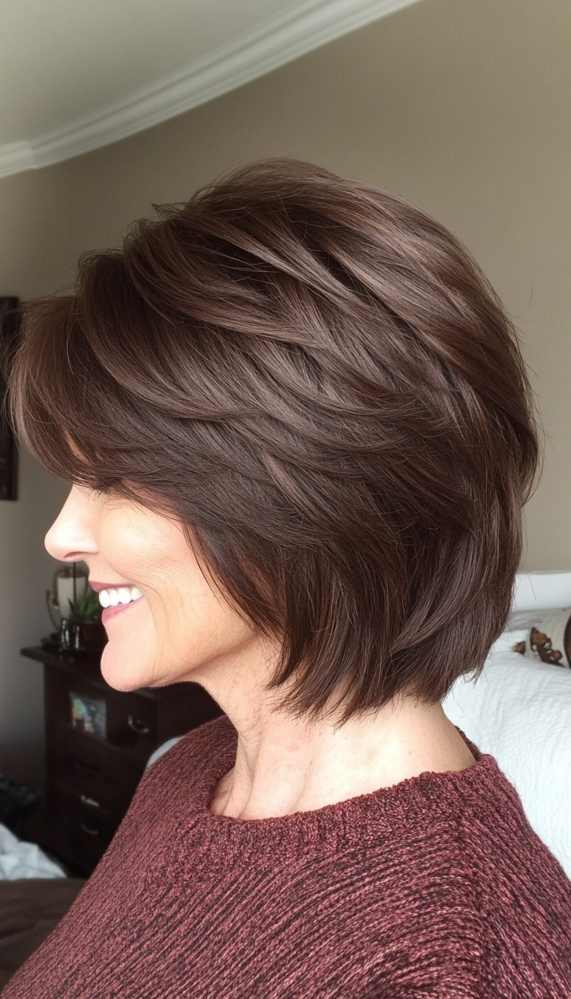 19. Chocolate Brown Tapered Shag (Short Shag Haircuts With Bangs For Older Women) - Short Shag Haircuts With Bangs For Older Women