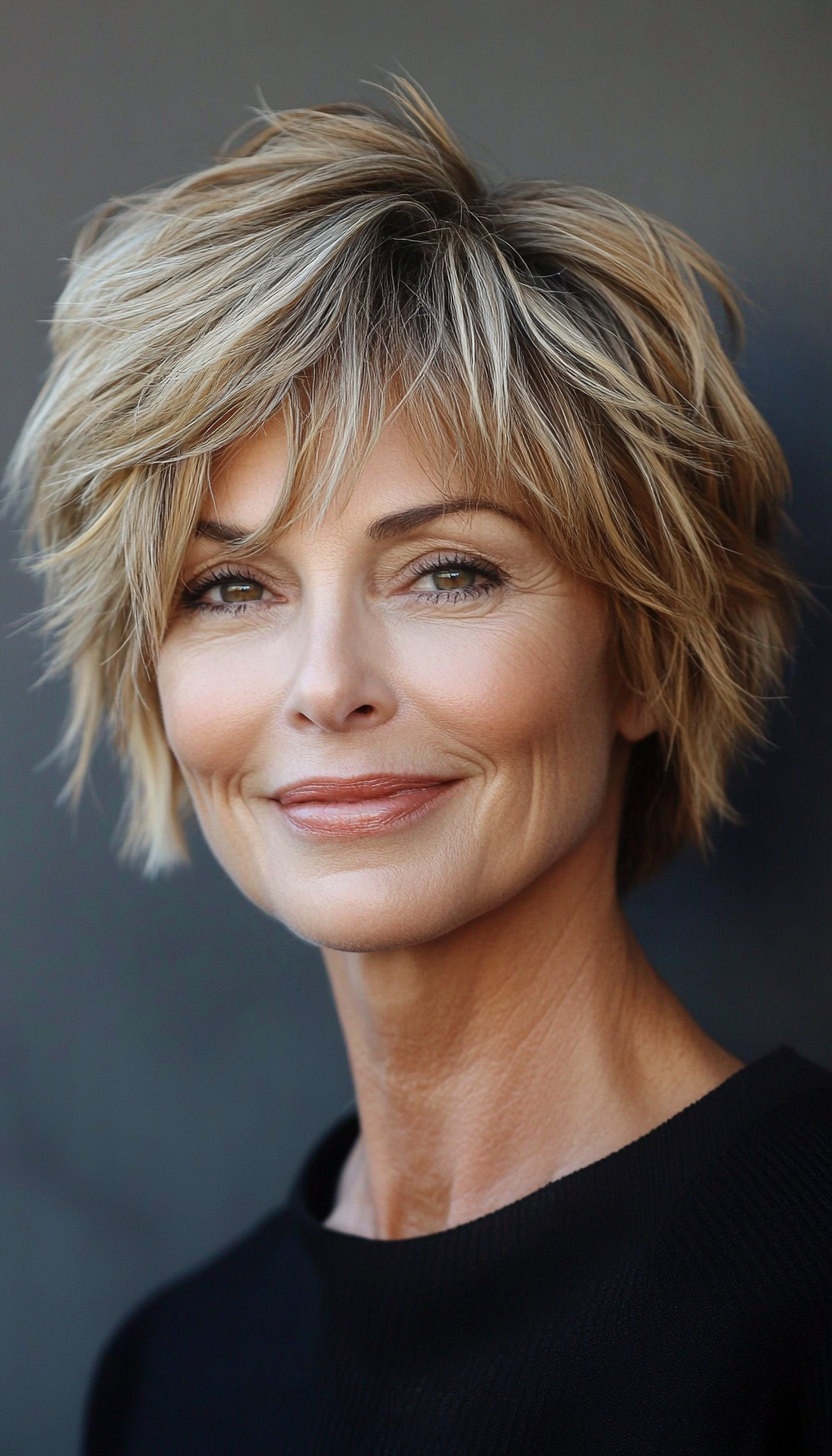 20. Warm Honey Pixie Shag with Side Sweep (Short Shag Haircuts With Bangs For Older Women) - Short Shag Haircuts With Bangs For Older Women