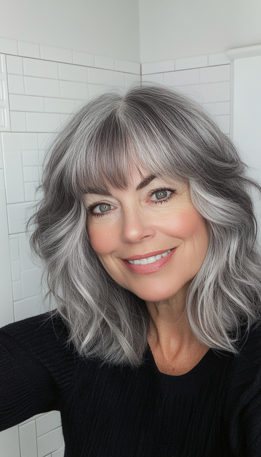 21. Charcoal Gray Wavy Shag (Short Shag Haircuts With Bangs For Older Women) - Short Shag Haircuts With Bangs For Older Women
