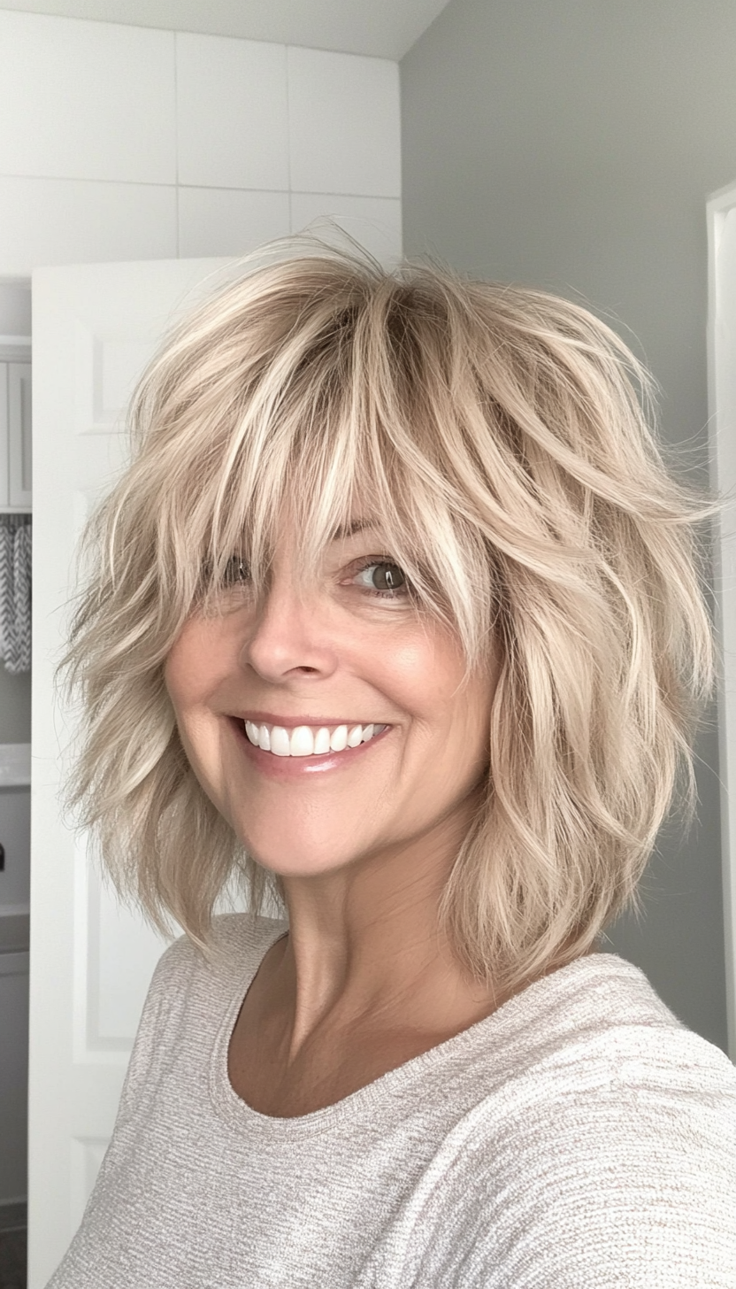 22. Beige Blonde Shag with Messy Bangs (Short Shag Haircuts With Bangs For Older Women) - Short Shag Haircuts With Bangs For Older Women