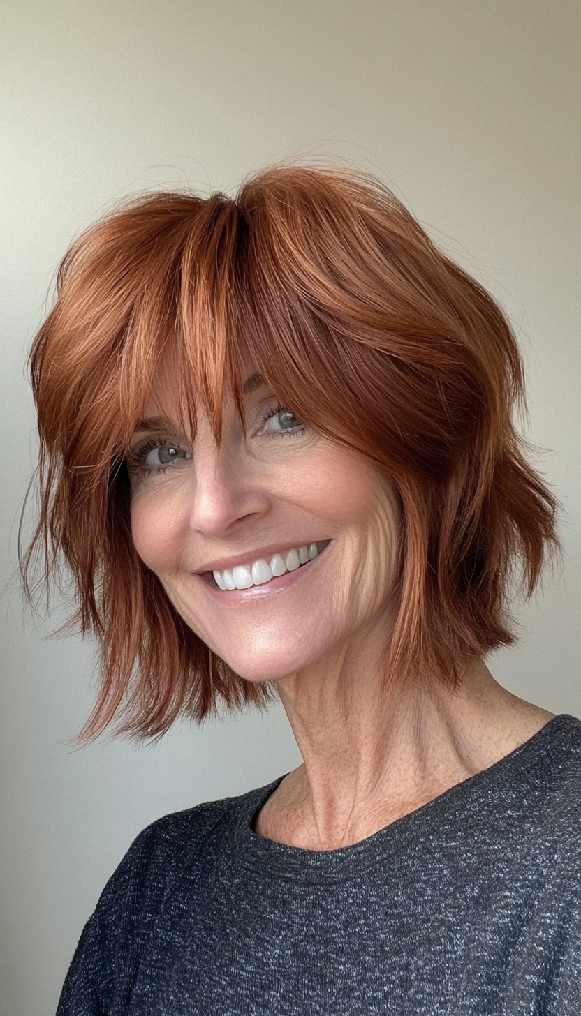 23. Rich Auburn Shag with Tapered Bangs (Short Shag Haircuts With Bangs For Older Women) - Short Shag Haircuts With Bangs For Older Women