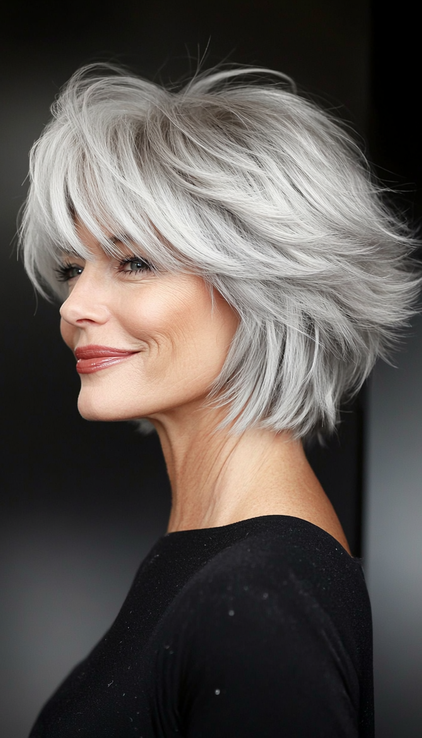24. Smoky Silver Shag with Layered Bangs (Short Shag Haircuts With Bangs For Older Women) - Short Shag Haircuts With Bangs For Older Women
