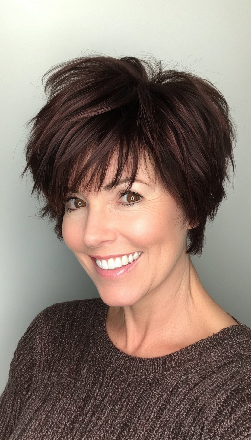25. Dark Mahogany Pixie Shag with Textured Ends (Short Shag Haircuts With Bangs For Older Women) - Short Shag Haircuts With Bangs For Older Women