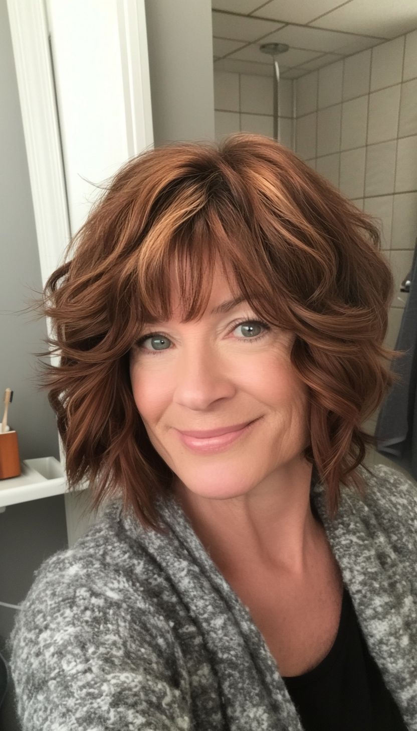 26. Soft Walnut Wavy Shag (Short Shag Haircuts With Bangs For Older Women) - Short Shag Haircuts With Bangs For Older Women