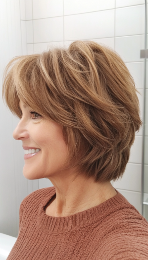 27. Sandy Brown Classic Shag with Soft Layers (Short Shag Haircuts With Bangs For Older Women) - Short Shag Haircuts With Bangs For Older Women
