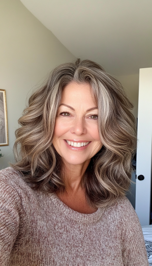3. Wavy Shag with Salt-and-Pepper Blend (Off The Shoulder Haircuts For Women Over 60) - Off The Shoulder Haircuts For Women Over 60