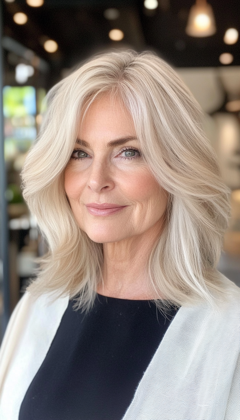 4. Feathered Cut with Sandy Blonde (Off The Shoulder Haircuts For Women Over 60) - Off The Shoulder Haircuts For Women Over 60