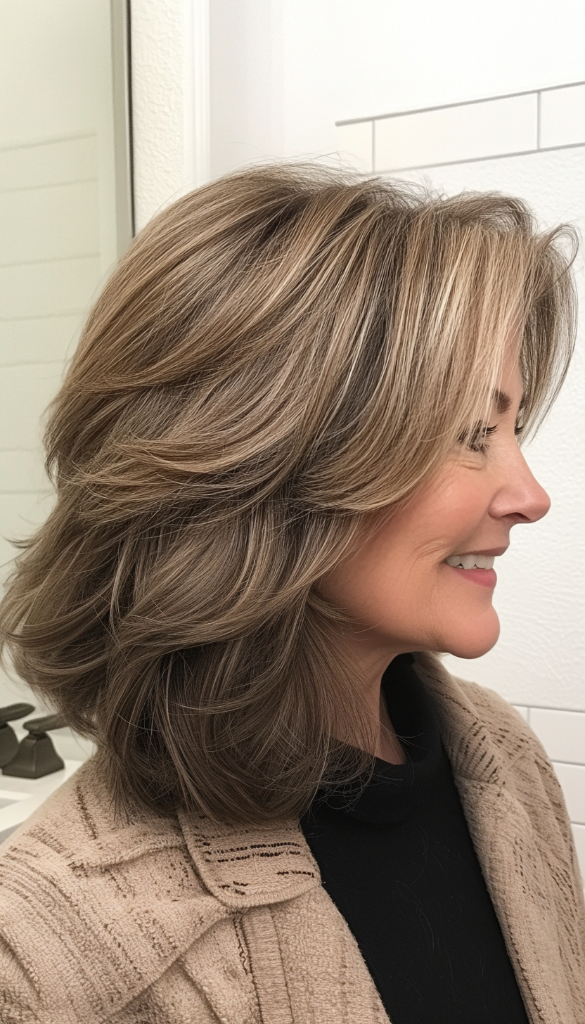 7. Tousled Layered Cut with Ash Brown (Off The Shoulder Haircuts For Women Over 60) - Off The Shoulder Haircuts For Women Over 60