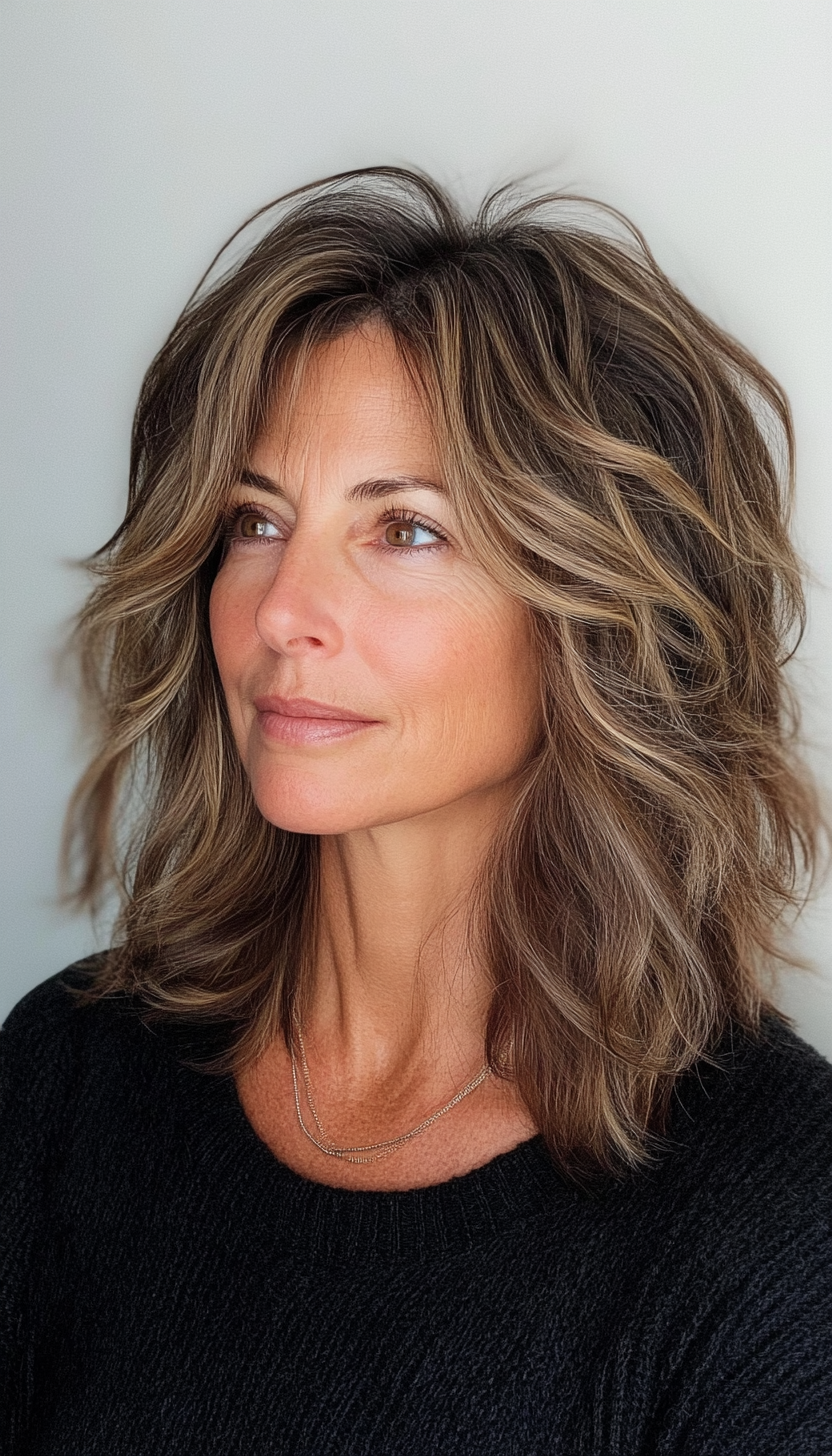 11. Choppy Layers with Caramel Highlights (Off The Shoulder Haircuts For Women Over 60) - Off The Shoulder Haircuts For Women Over 60