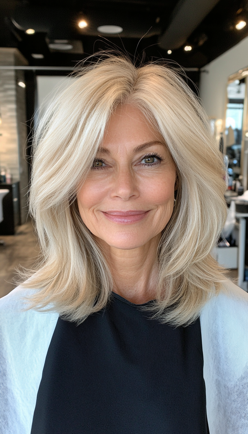 12. Layered Shoulder-Length Cut with Soft Blonde (Off The Shoulder Haircuts For Women Over 60) - Off The Shoulder Haircuts For Women Over 60