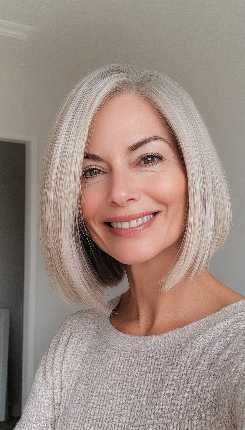 17. Angled Lob with Ash Blonde (Off The Shoulder Haircuts For Women Over 60) - Off The Shoulder Haircuts For Women Over 60