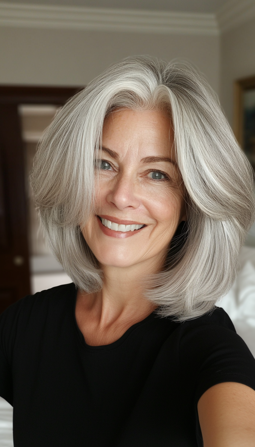 20. Layered Bob with Silver Highlights (Off The Shoulder Haircuts For Women Over 60) - Off The Shoulder Haircuts For Women Over 60