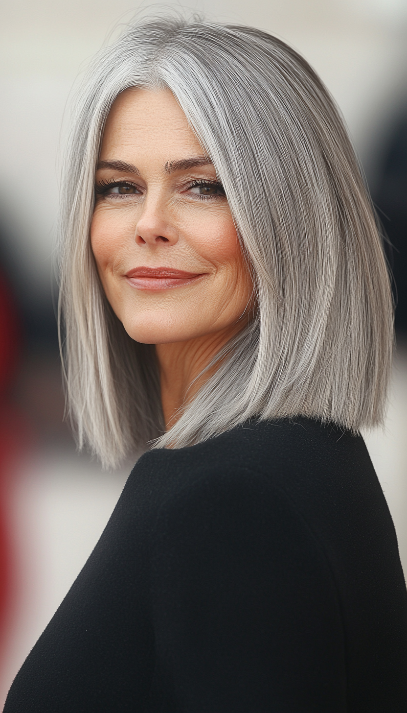 24. Blunt Shoulder-Length Cut with Steel Gray (Off The Shoulder Haircuts For Women Over 60) - Off The Shoulder Haircuts For Women Over 60