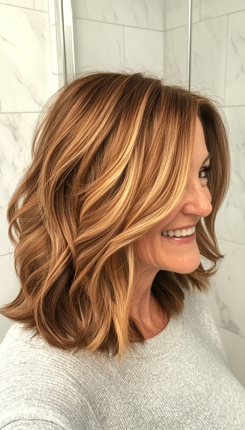 25. Shoulder-Length Swoop with Chestnut Highlights (Off The Shoulder Haircuts For Women Over 60) - Off The Shoulder Haircuts For Women Over 60