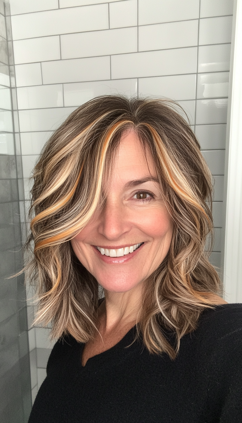 4. Feathered Shag with Caramel Streaks (Haircuts For Older Women With Thinning Hair) - Haircuts For Older Women With Thinning Hair