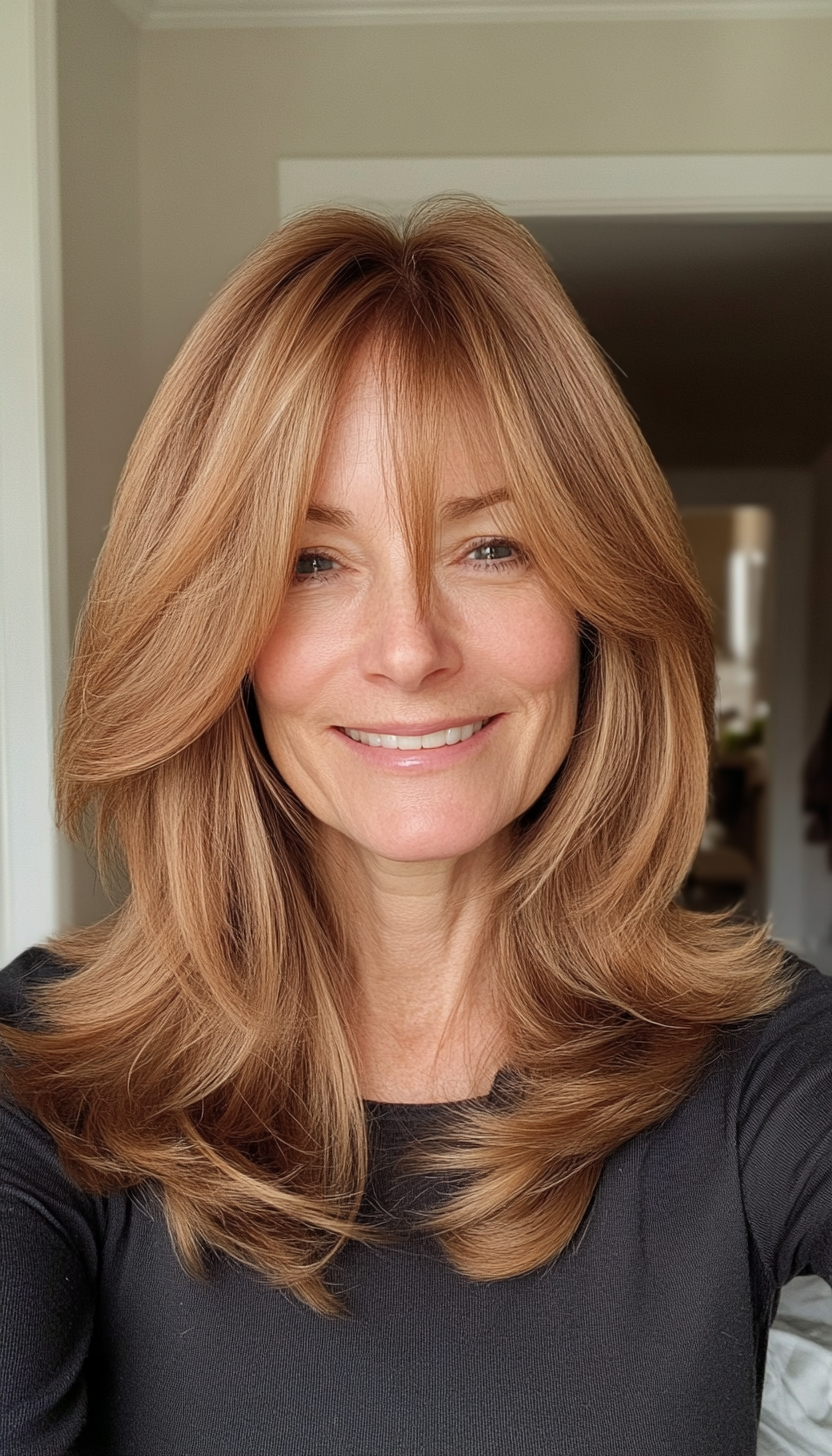 6. Wispy Bangs with Light Chestnut Layers (Haircuts For Older Women With Thinning Hair) - Haircuts For Older Women With Thinning Hair