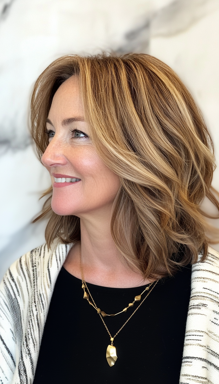 12. Textured Lob with Golden Brown Balayage (Haircuts For Older Women With Thinning Hair) - Haircuts For Older Women With Thinning Hair