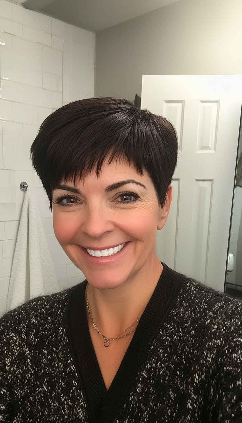 14. Sleek Pixie with Dark Espresso Roots (Haircuts For Older Women With Thinning Hair) - Haircuts For Older Women With Thinning Hair