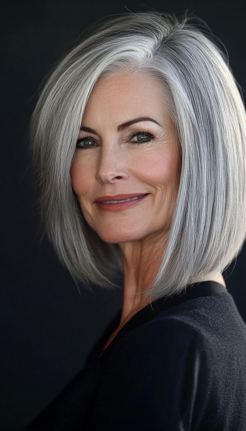 19. Sleek Side-Parted Bob with Platinum Accents (Haircuts For Older Women With Thinning Hair) - Haircuts For Older Women With Thinning Hair