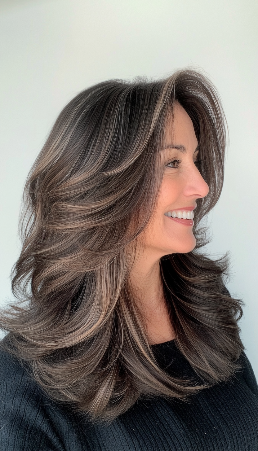 22. Long Layers with Soft Mocha Balayage (Haircuts For Older Women With Thinning Hair) - Haircuts For Older Women With Thinning Hair
