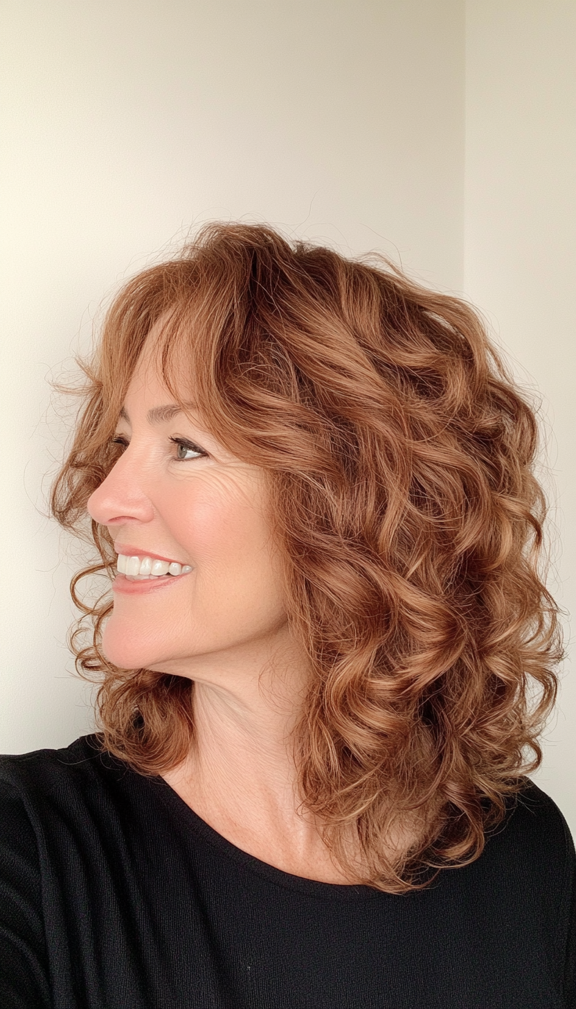 23. Curly Shag with Cinnamon Hues (Haircuts For Older Women With Thinning Hair) - Haircuts For Older Women With Thinning Hair