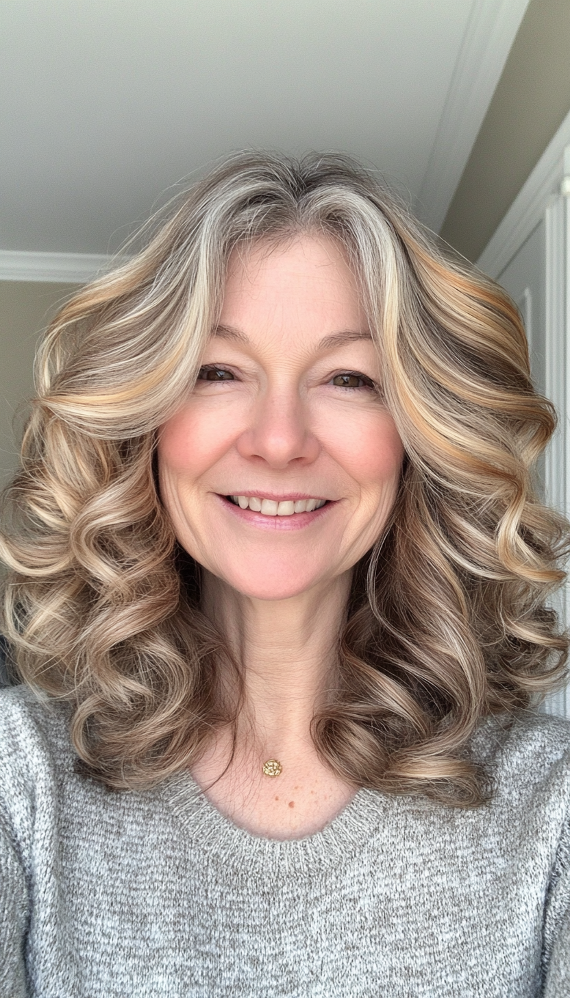 27. Soft Curls with Golden Honey Balayage (Haircuts For Older Women With Thinning Hair) - Haircuts For Older Women With Thinning Hair