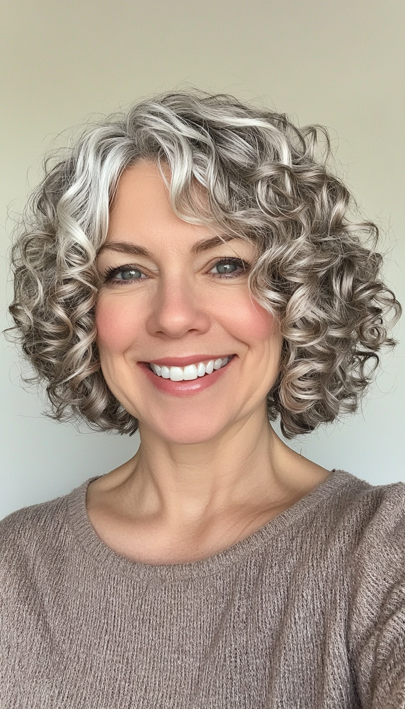 1. Soft Layered Bob with Silver Highlights (Short Curly Haircuts For Women Over 50) - Short Curly Haircuts For Women Over 50