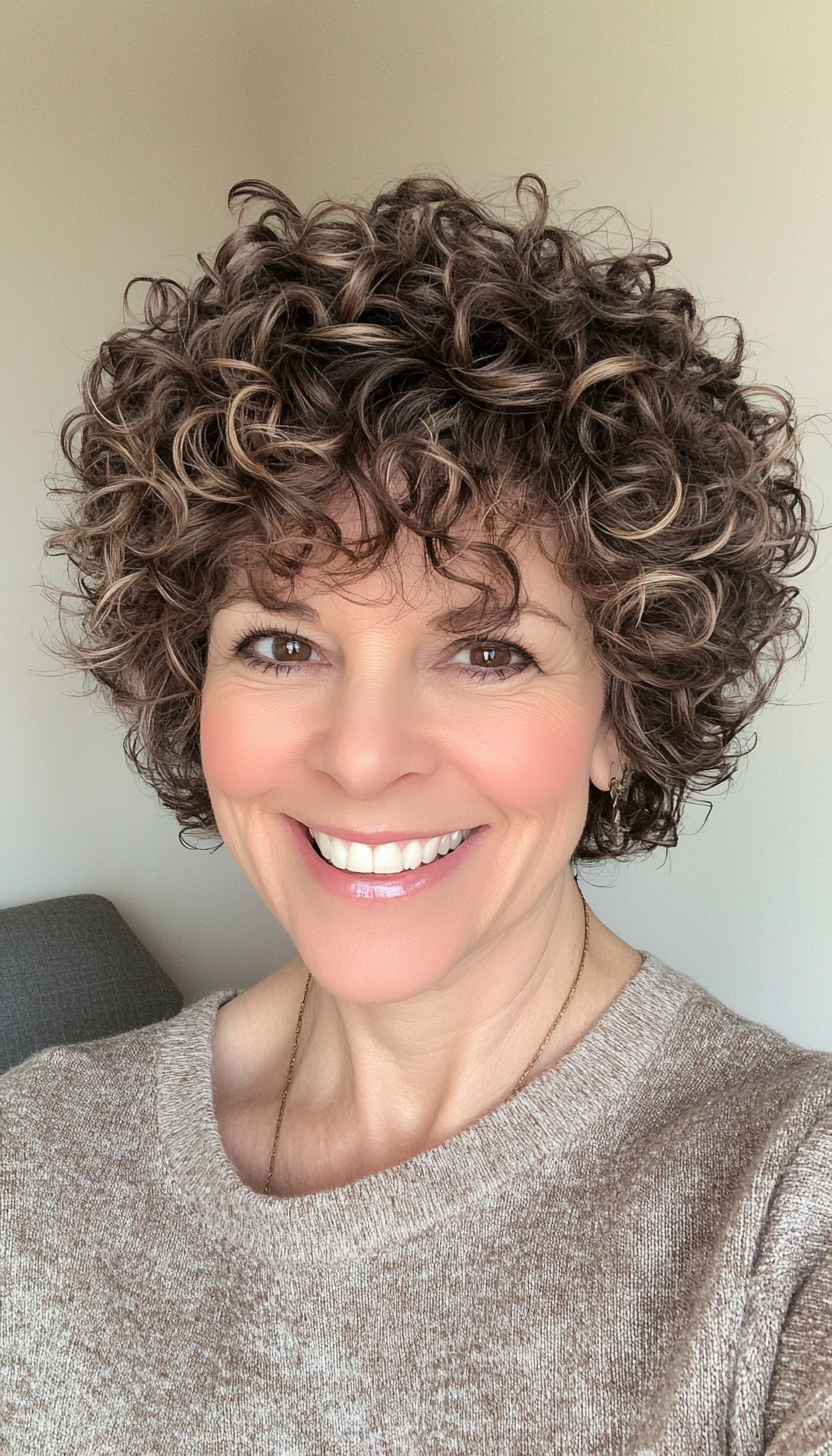 2. Curly Pixie with Warm Brown Tones (Short Curly Haircuts For Women Over 50) - Short Curly Haircuts For Women Over 50