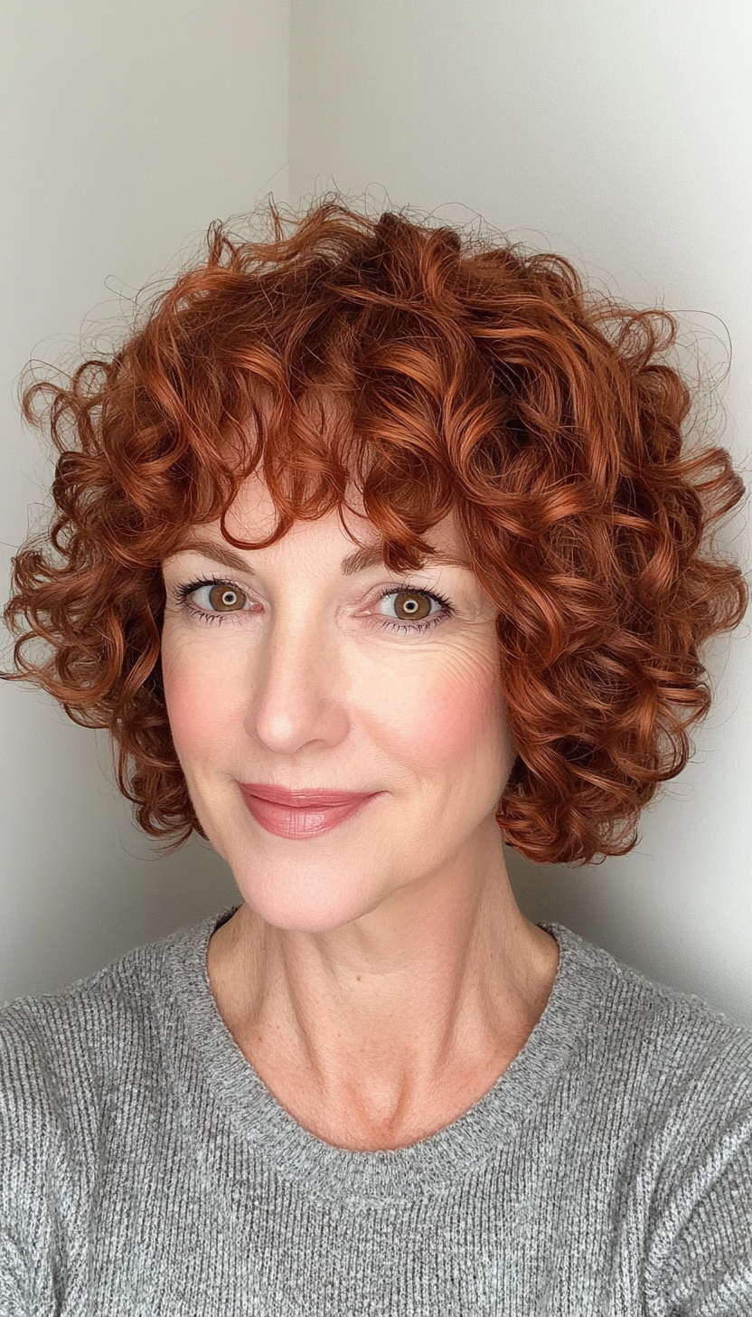 6. Asymmetrical Curly Cut in Auburn Red (Short Curly Haircuts For Women Over 50) - Short Curly Haircuts For Women Over 50