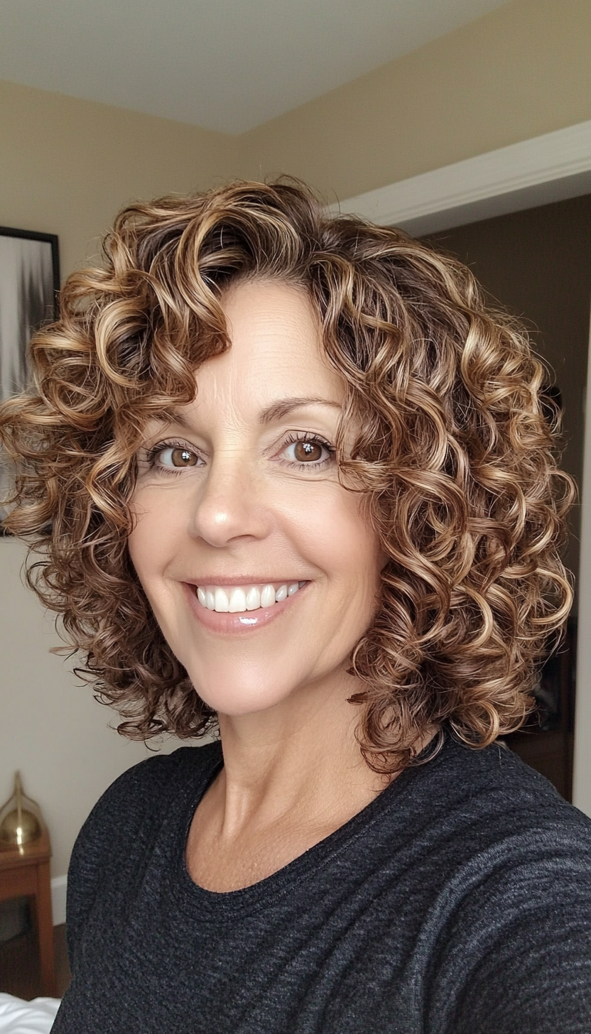 9. Stacked Curly Bob with Caramel Highlights (Short Curly Haircuts For Women Over 50) - Short Curly Haircuts For Women Over 50
