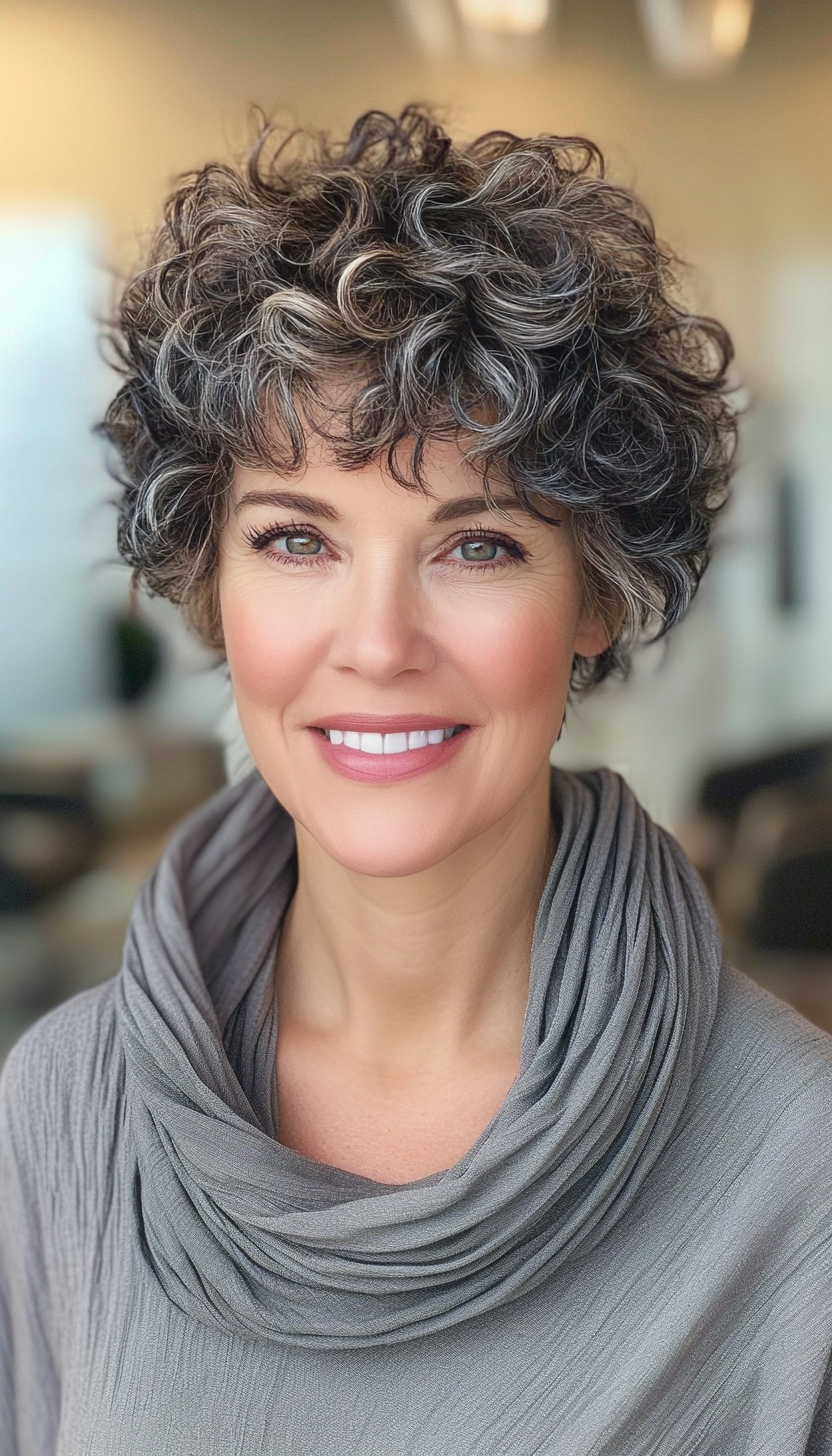 13. Curly Pixie with Subtle Gray Accents (Short Curly Haircuts For Women Over 50) - Short Curly Haircuts For Women Over 50