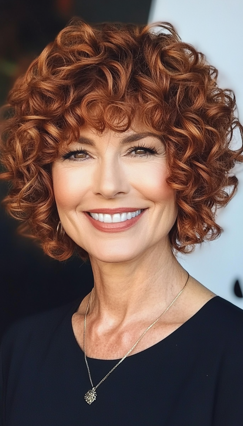 15. Tight Curls with Chestnut and Copper Blend (Short Curly Haircuts For Women Over 50) - Short Curly Haircuts For Women Over 50