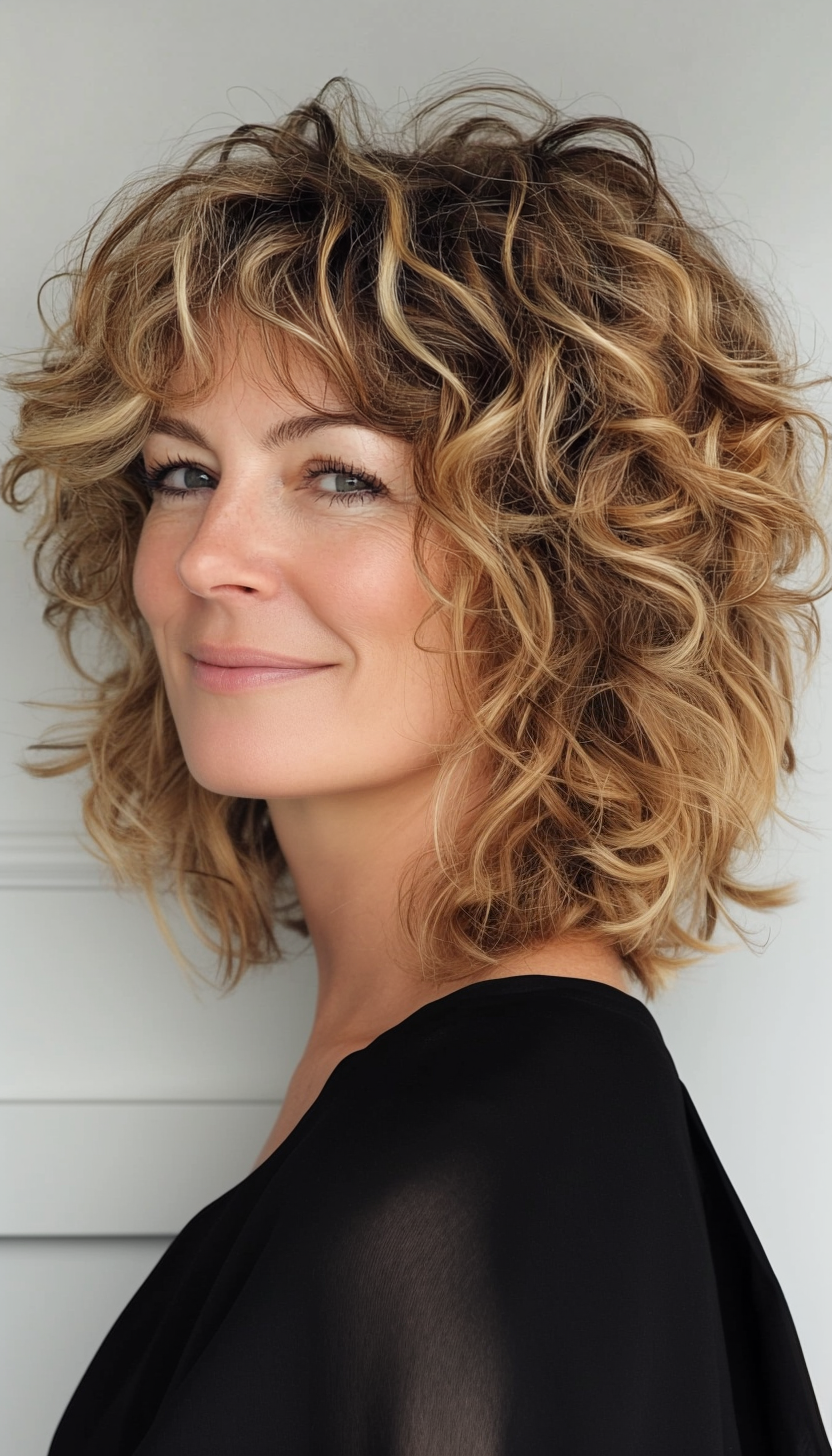 16. Curly Fringe Bob with Sandy Blonde (Short Curly Haircuts For Women Over 50) - Short Curly Haircuts For Women Over 50