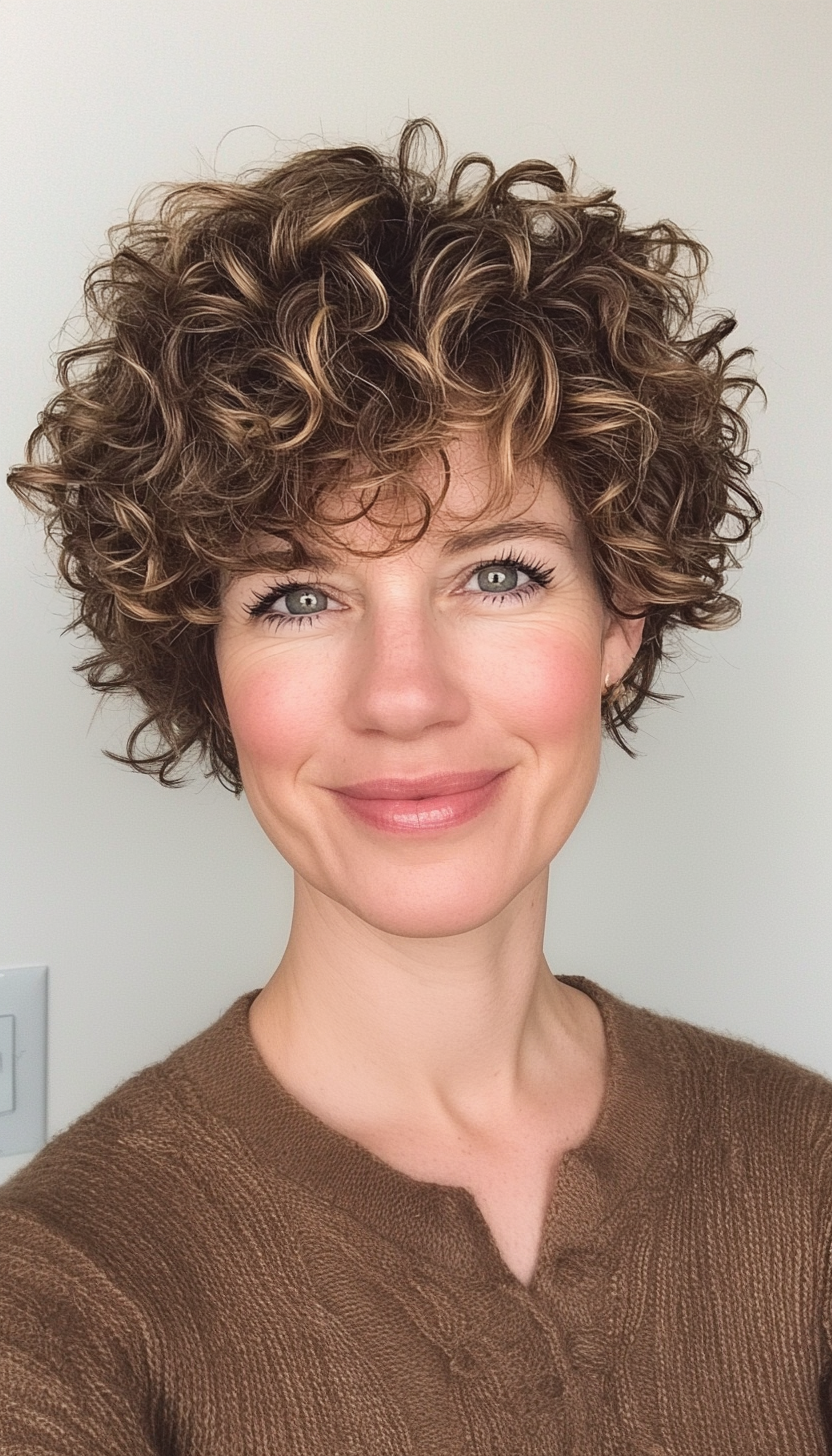 17. Textured Curly Pixie with Soft Brown (Short Curly Haircuts For Women Over 50) - Short Curly Haircuts For Women Over 50