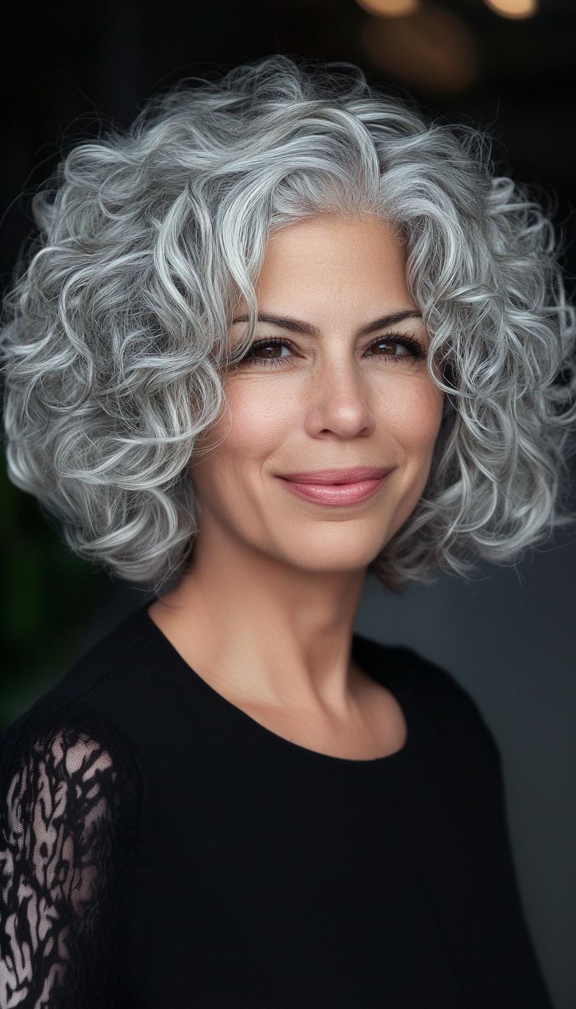 18. Curly Bob with Platinum Accents (Short Curly Haircuts For Women Over 50) - Short Curly Haircuts For Women Over 50