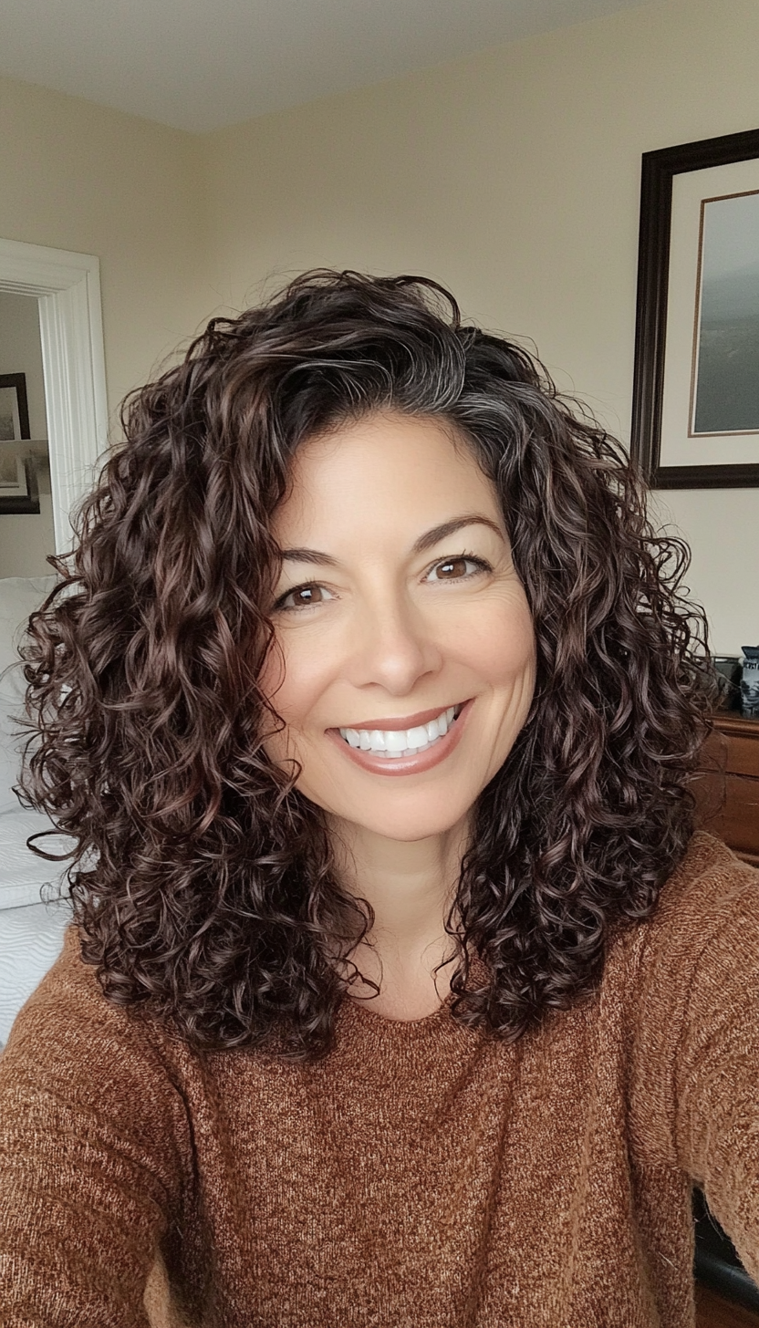 19. Layered Curly Lob with Dark Espresso (Short Curly Haircuts For Women Over 50) - Short Curly Haircuts For Women Over 50