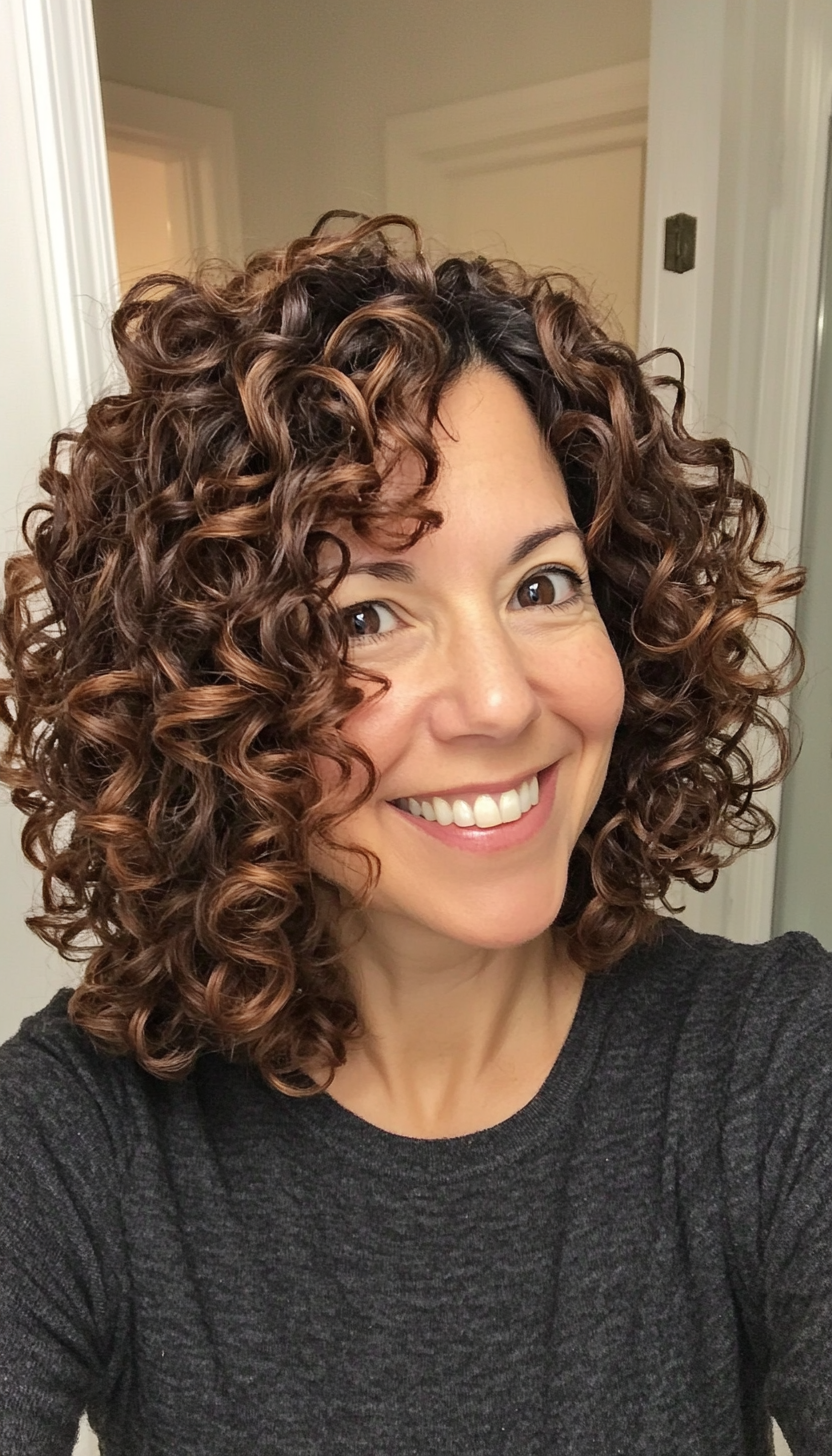 21. Curly Bob with Chocolate and Caramel Mix (Short Curly Haircuts For Women Over 50) - Short Curly Haircuts For Women Over 50