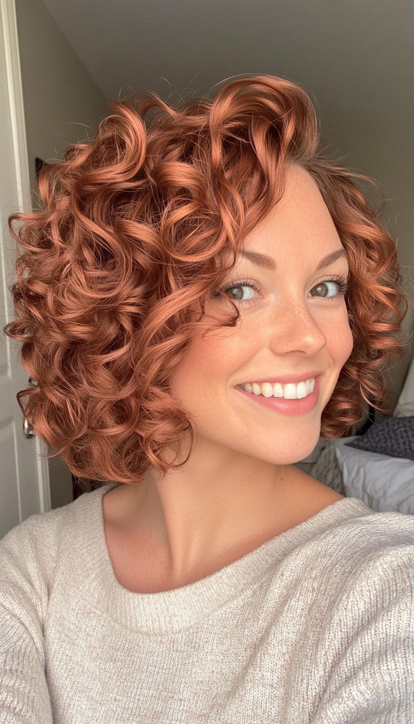 10. Asymmetrical Curly Bob in Rich Copper (Short Curly Hairstyles For Women) - Short Curly Hairstyles For Women