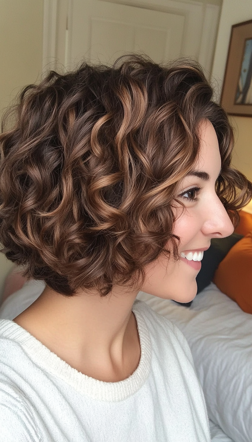 12. Layered Curly Lob with Mocha Balayage (Short Curly Hairstyles For Women) - Short Curly Hairstyles For Women