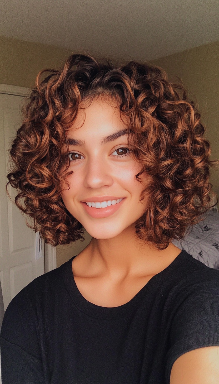 20. Short Curly Bob with Chestnut Roots (Short Curly Hairstyles For Women) - Short Curly Hairstyles For Women