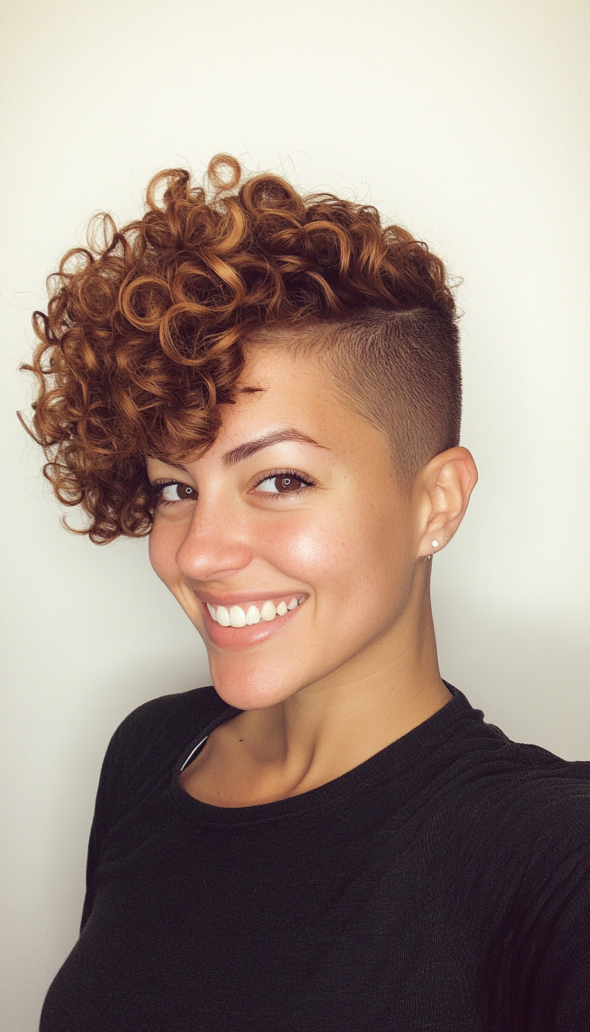 21. Curly Mohawk with Sandy Brown Highlights (Short Curly Hairstyles For Women) - Short Curly Hairstyles For Women