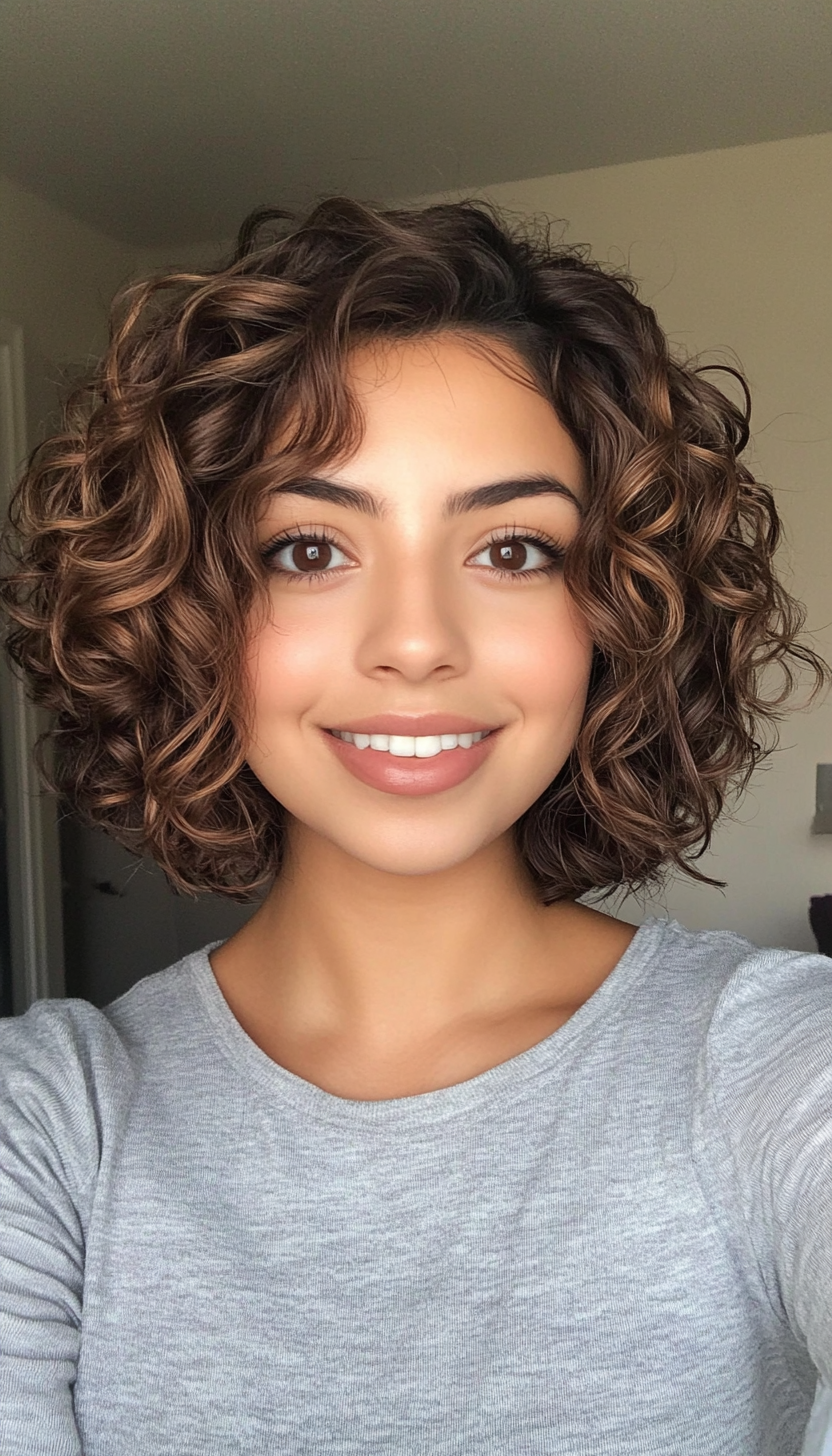 24. Loose Curly Bob with Coffee Brown Roots (Short Curly Hairstyles For Women) - Short Curly Hairstyles For Women