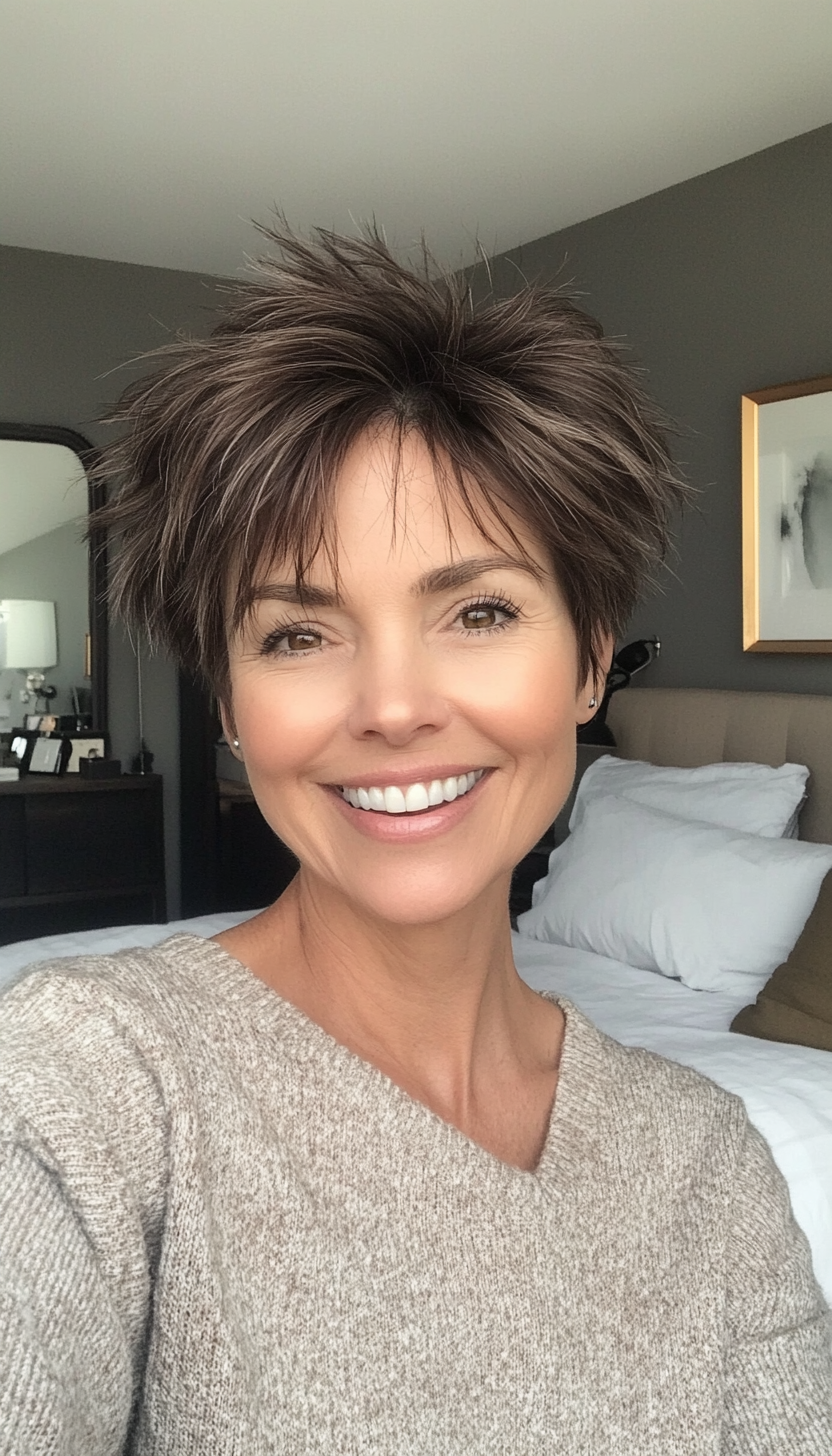 2. Choppy Ash Brown Pixie (Short Pixie Haircuts For Older Women) - Short Pixie Haircuts For Older Women