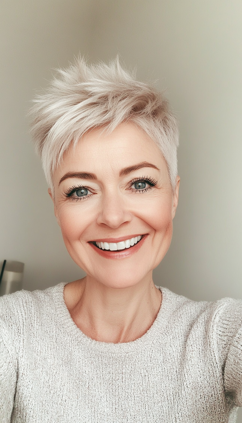 6. Textured Platinum Blonde Pixie (Short Pixie Haircuts For Older Women) - Short Pixie Haircuts For Older Women