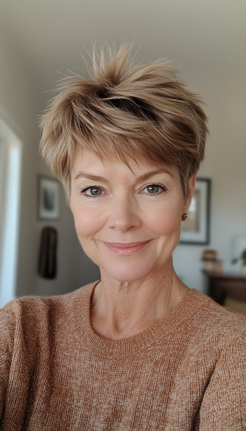 7. Soft Caramel Layered Pixie (Short Pixie Haircuts For Older Women) - Short Pixie Haircuts For Older Women