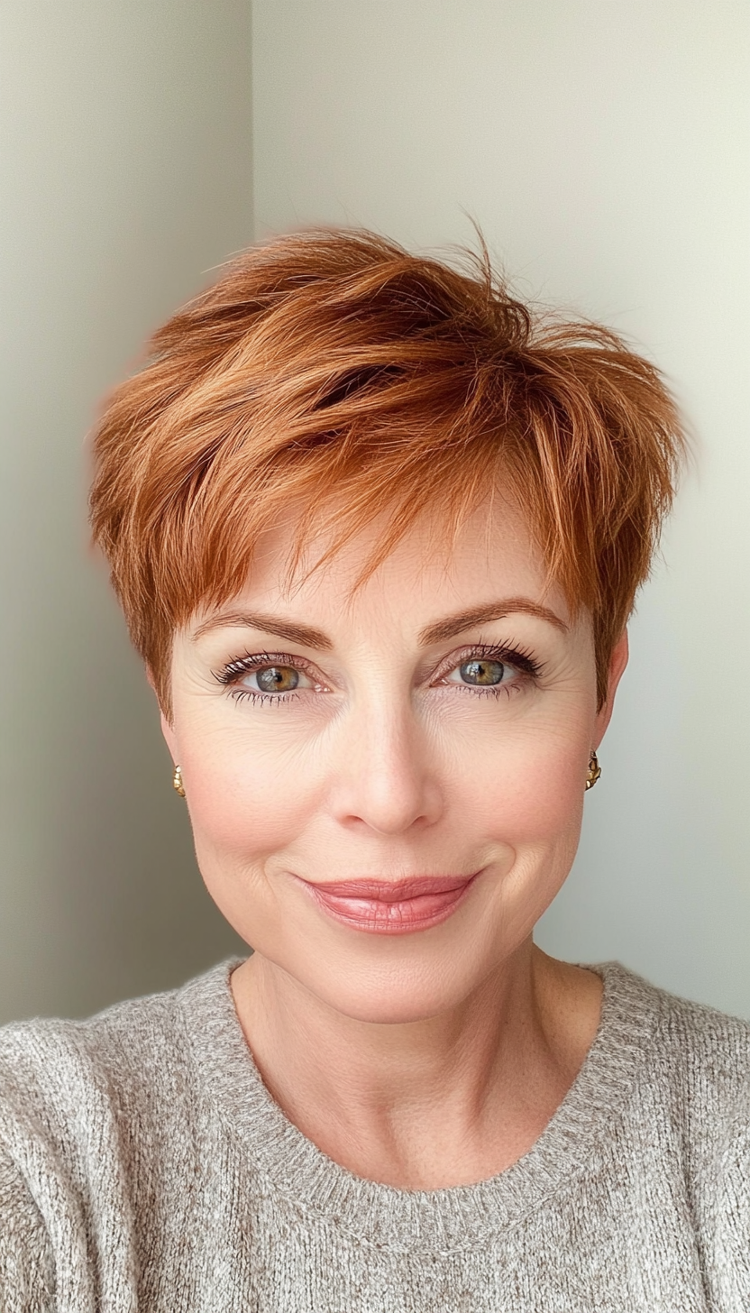 8. Subtle Auburn Feathered Pixie (Short Pixie Haircuts For Older Women) - Short Pixie Haircuts For Older Women