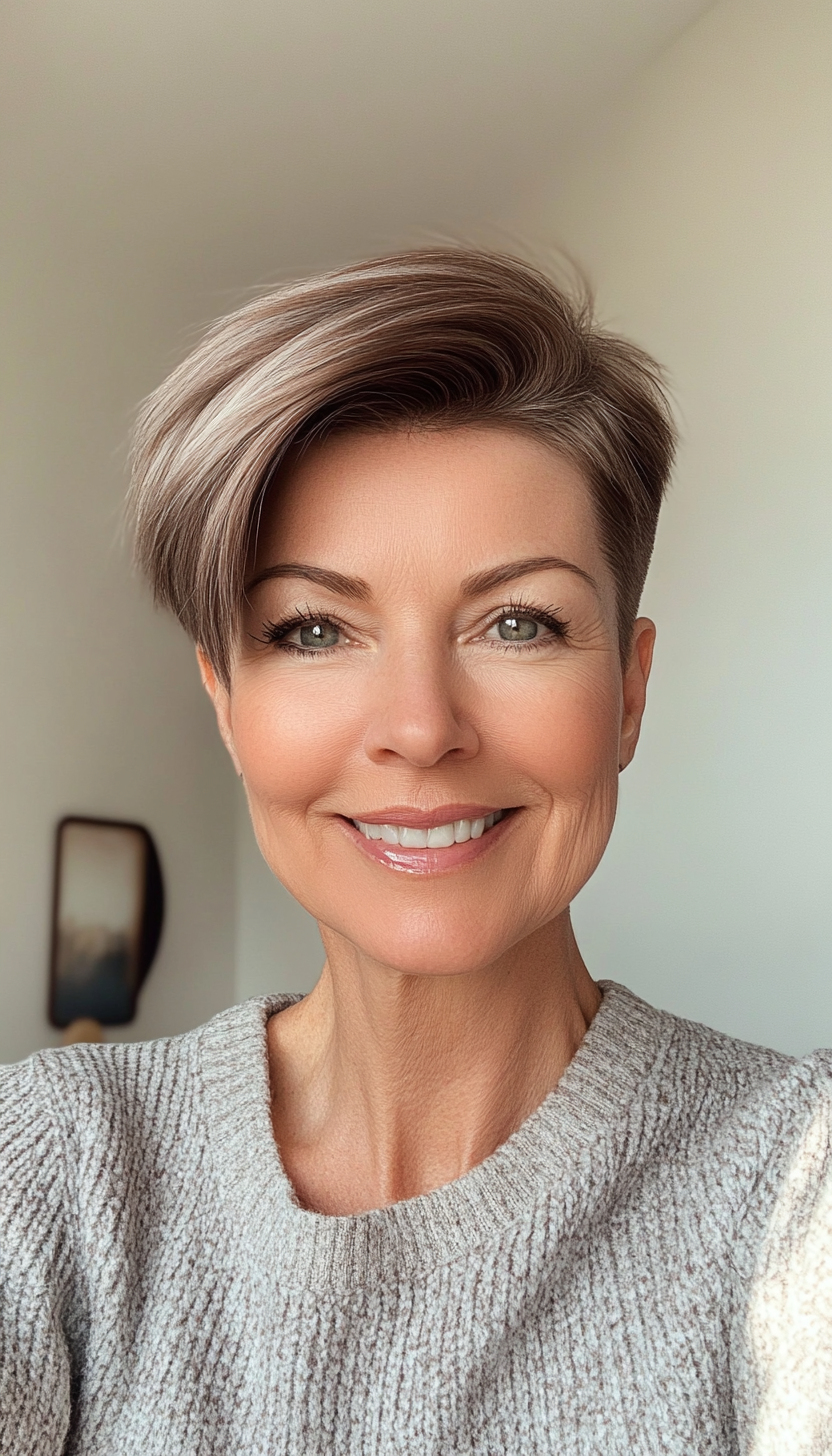 9. Sleek Espresso Side-Part Pixie (Short Pixie Haircuts For Older Women) - Short Pixie Haircuts For Older Women