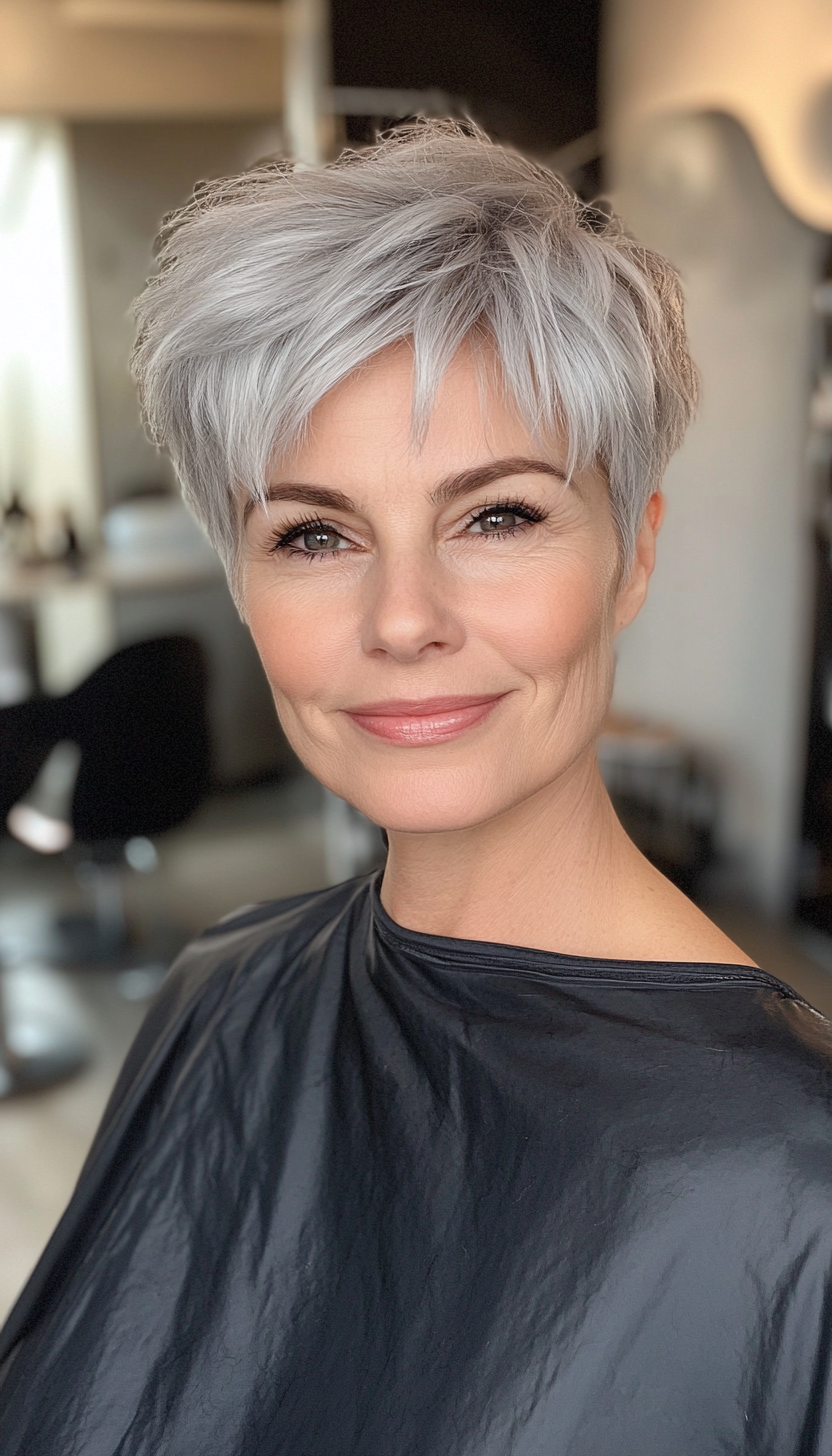 12. Short Silver Crop with Bangs (Short Pixie Haircuts For Older Women) - Short Pixie Haircuts For Older Women