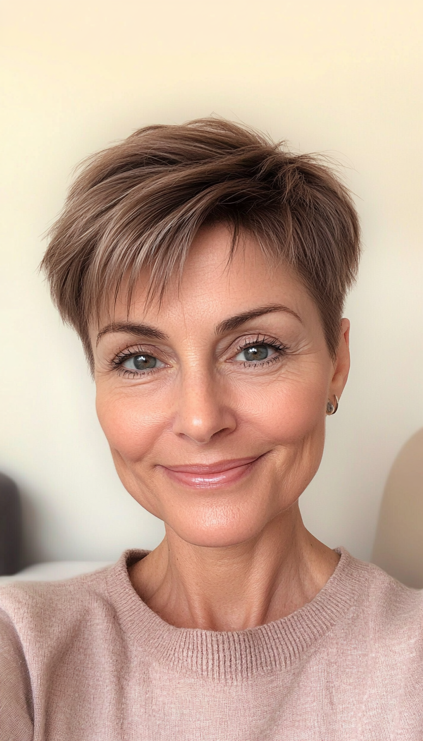 25. Warm Hazelnut Pixie with Fringe (Short Pixie Haircuts For Older Women) - Short Pixie Haircuts For Older Women